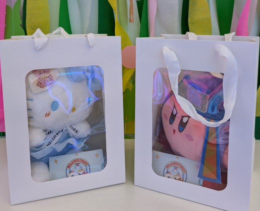 Regular plushie basket donation with gift card, plushies, and branded items
