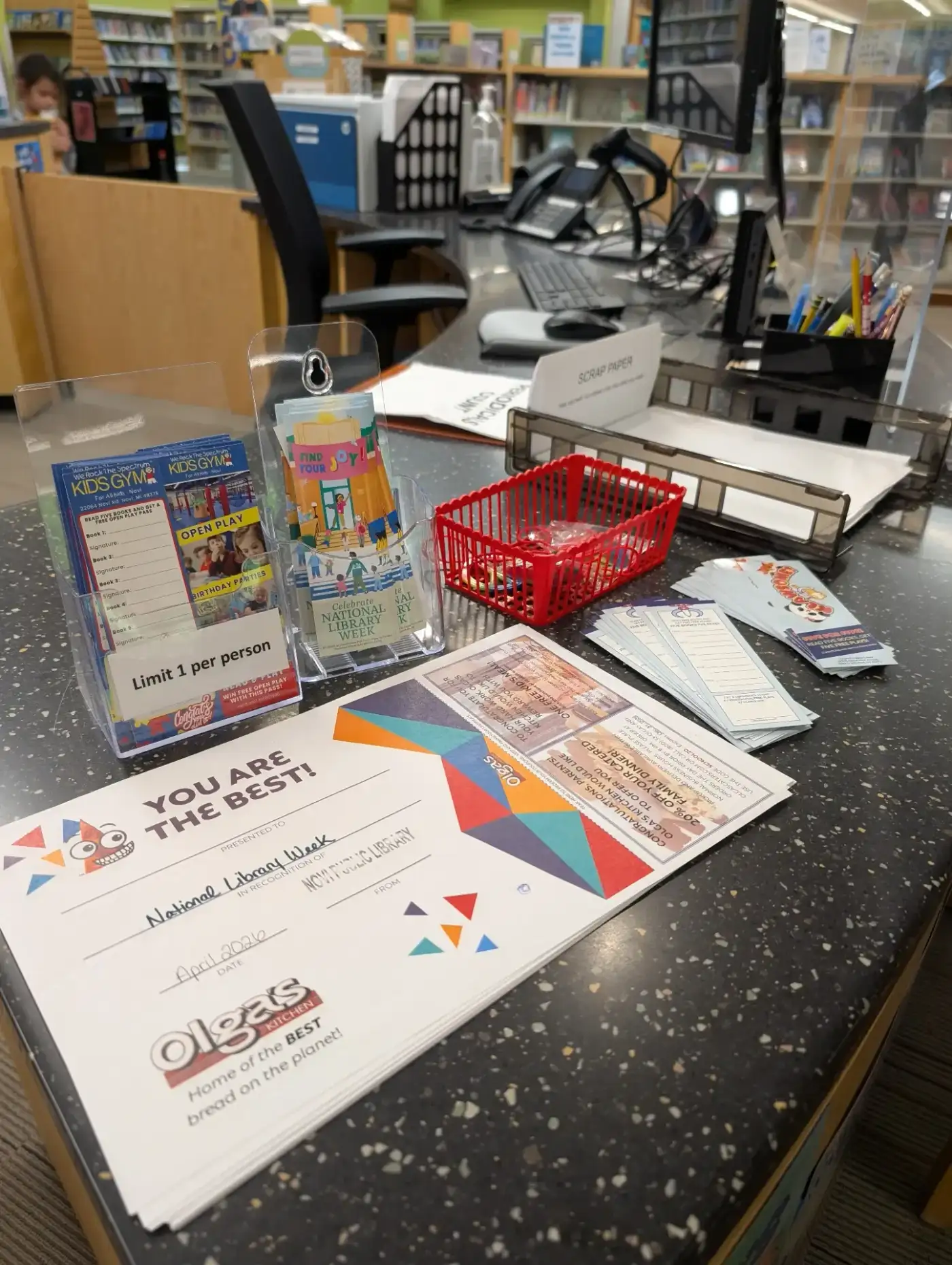 Novi Public Library Reading Month display and reward bookmarks
